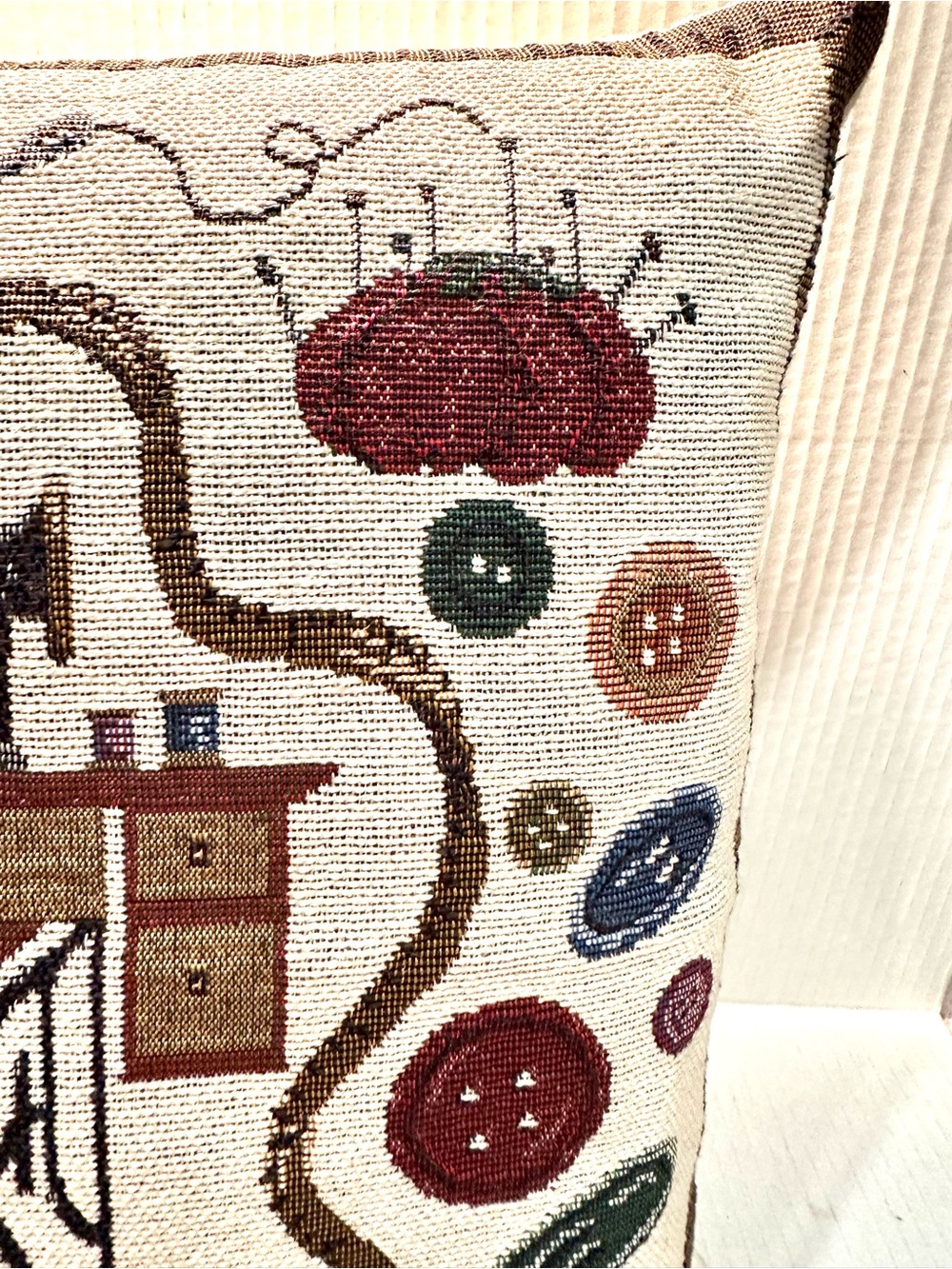Vintage Tapestry Sewing Machine Accent Pillow  in Cream and Brown - Picture 4 of 10